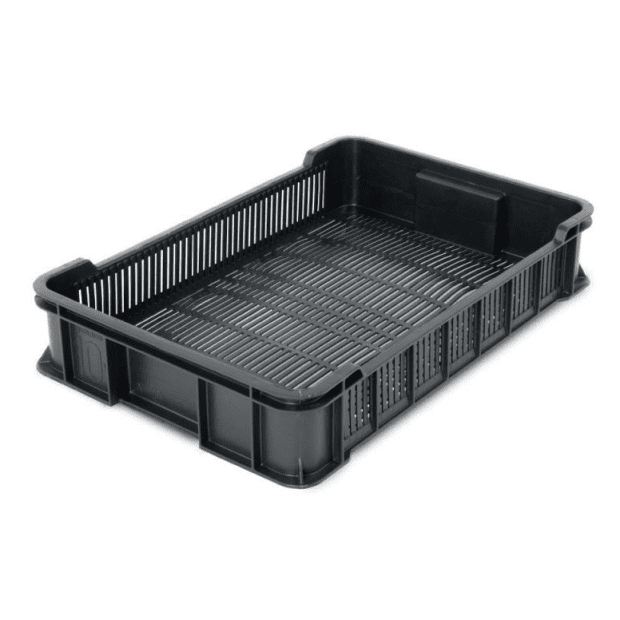 PLASTOVÁ PREPRAVKA 600 X 400 X 130 MM MANIPULAČNÁ PERFOROVANÁ RECYKLÁT ČIERNA  