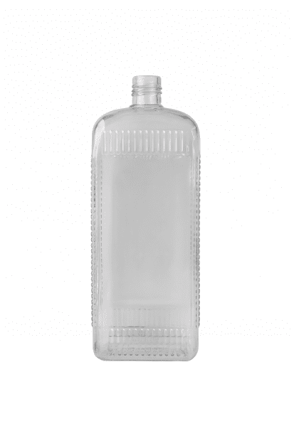 FĽAŠA 1000 ML PVC UZKOHRDLÁ ČIRÁ ČTYŘHRANNÁ BEZ UZÁVERU - MIERNE POŠKRÁBANÉ