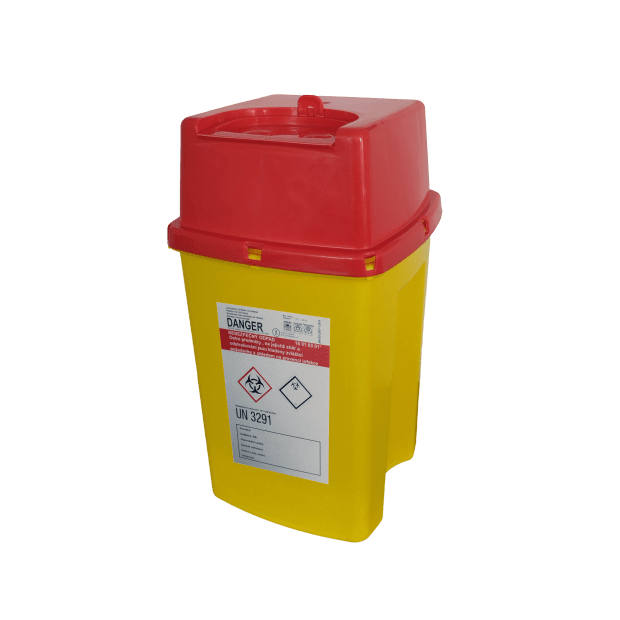 NÁDOBA NA MEDICINÁLNY ODPAD HRANATÁ 2 L VRÁTANE UZÁVERU 120 X 128 X 220 MM (75 KS/KARTÓN)