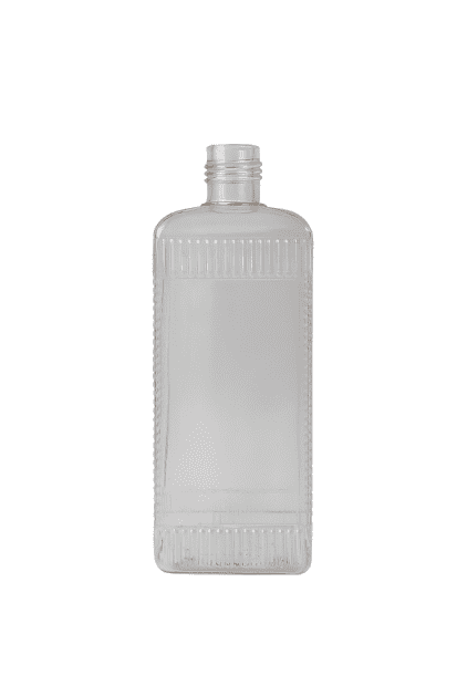 FĽAŠA 500 ML PVC UZKOHRDLÁ ČIRÁ ČTYŘHRANNÁ BEZ UZÁVERU - MIERNE POŠKRÁBANÉ