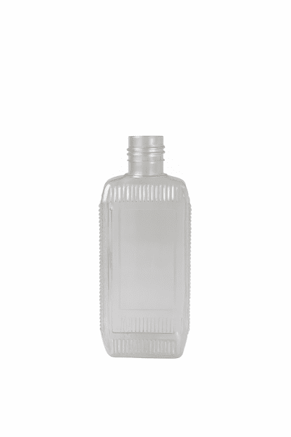 FĽAŠA 250 ML PVC UZKOHRDLÁ ČIRÁ ČTYŘHRANNÁ BEZ UZÁVERU - MIERNE POŠKRÁBANÉ